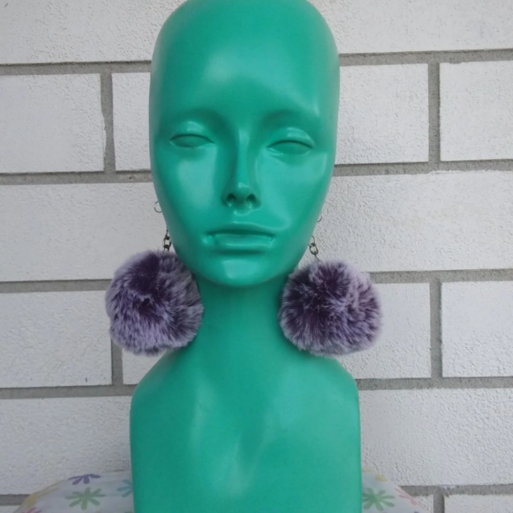 Giant Purple and White Fluffy Puff Pompom Earrings
